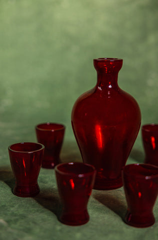 Mid-Century Ruby Glass Shots & Decanter Set