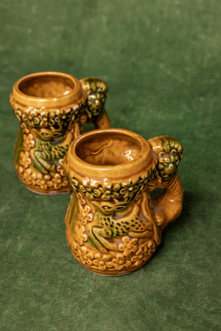 His and Hers, Japanese Majolica Deer and Lion Mugs