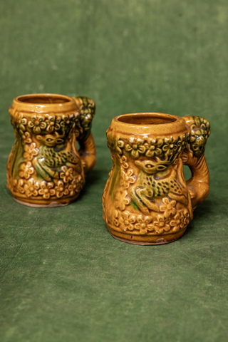 His and Hers, Japanese Majolica Deer and Lion Mugs