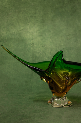 Lorraine Art Glass Free Form Centerpiece Bowl in Amber and Forest Green