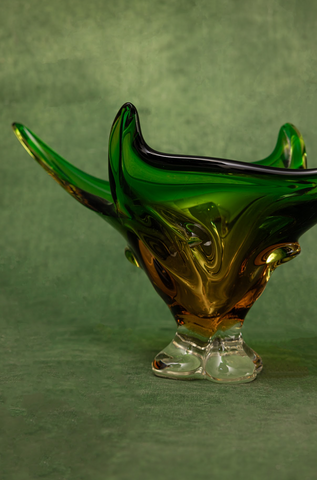 Lorraine Art Glass Free Form Centerpiece Bowl in Amber and Forest Green