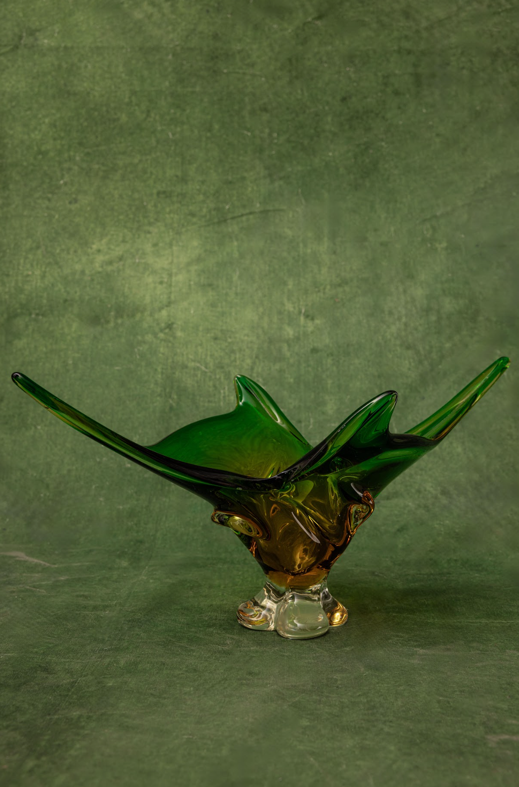 Lorraine Art Glass Free Form Centerpiece Bowl in Amber and Forest Green