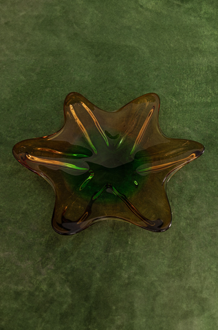 Lorraine Art Glass Starburst Dish in Amber and Green