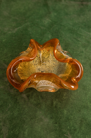 Chalet Art Glass Bowl/Ashtray in Yellow Orange and Clear Clover