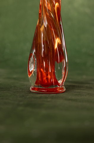 Swung Art Glass Bud Vase in Fiery Orange and Clear Clover