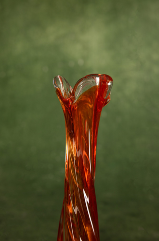 Swung Art Glass Bud Vase in Fiery Orange and Clear Clover