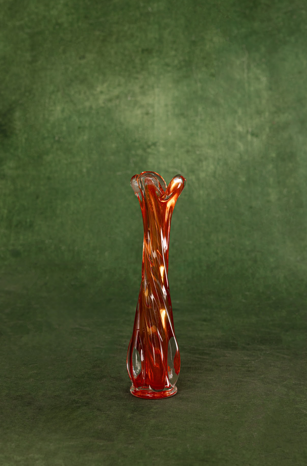 Swung Art Glass Bud Vase in Fiery Orange and Clear Clover