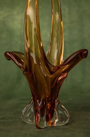 Lorraine Art Glass Free Form Basket in Amber and Clear Clover