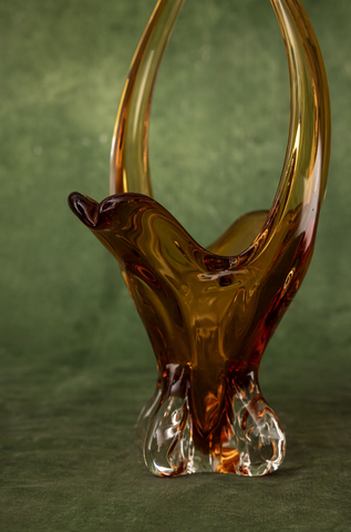 Lorraine Art Glass Free Form Basket in Amber and Clear Clover