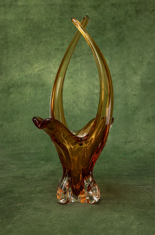 Lorraine Art Glass Free Form Basket in Amber and Clear Clover