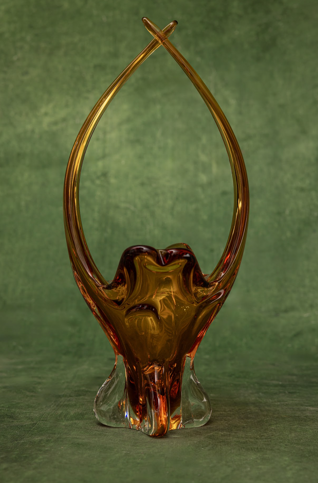 Lorraine Art Glass Free Form Basket in Amber and Clear Clover