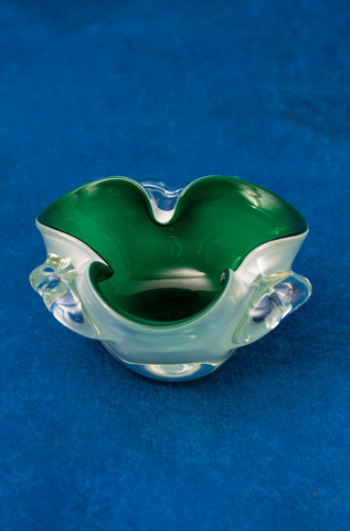 Lorraine Art Glass Bowl/Ashtray in White and Emerald Green