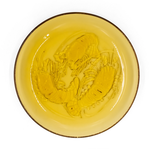 MCM 1960’s Frosted Amber Glass Dinner Plates Set with Intricately Pressed Lobsters by FNG PASARI, Indonesia