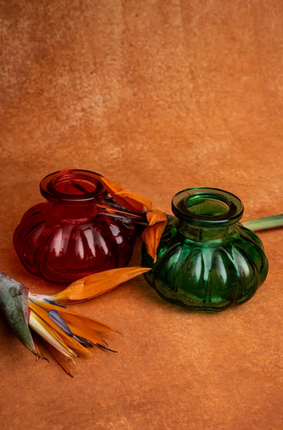 Pair of Italian Style Glass “Pumpkin” Ridged Sphere Shaped Jars