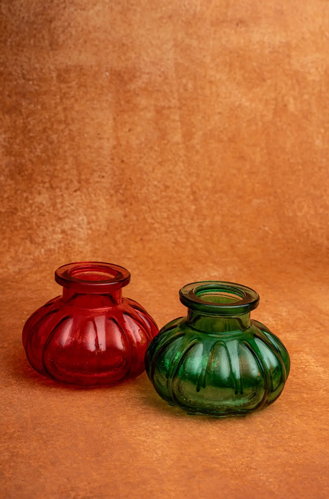 Pair of Italian Style Glass “Pumpkin” Ridged Sphere Shaped Jars