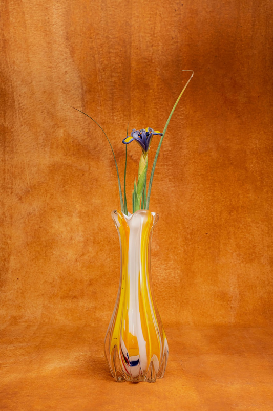 Murano Mid-century Fluted Vase in Yellow, Orange, and White