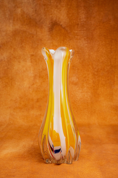 Murano Mid-century Fluted Vase in Yellow, Orange, and White