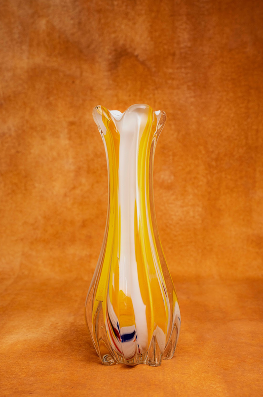 Murano Mid-century Fluted Vase in Yellow, Orange, and White