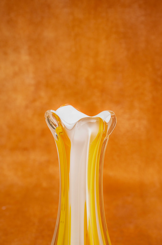 Murano Mid-century Fluted Vase in Yellow, Orange, and White