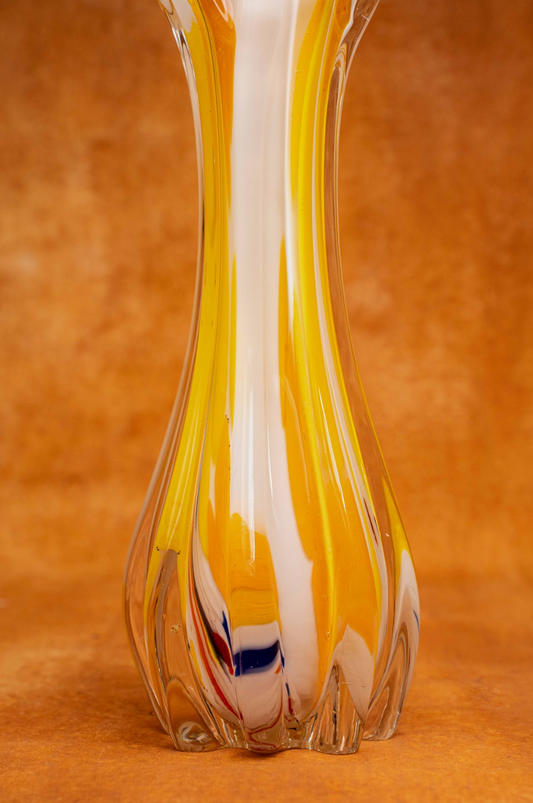 Murano Mid-century Fluted Vase in Yellow, Orange, and White