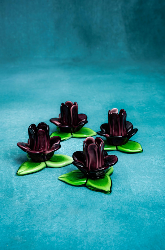 Set of Four Purple And Green Blown Glass Flower Votive Candle Holders