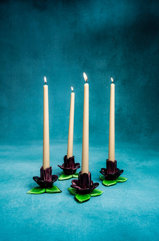 Set of Four Purple And Green Blown Glass Flower Votive Candle Holders