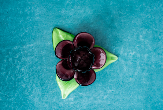 Set of Four Purple And Green Blown Glass Flower Votive Candle Holders