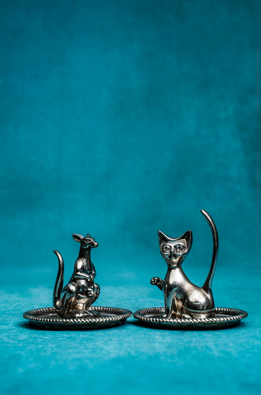 Set of Two Silver-Plated Animal Ring Holders on Etched Tray