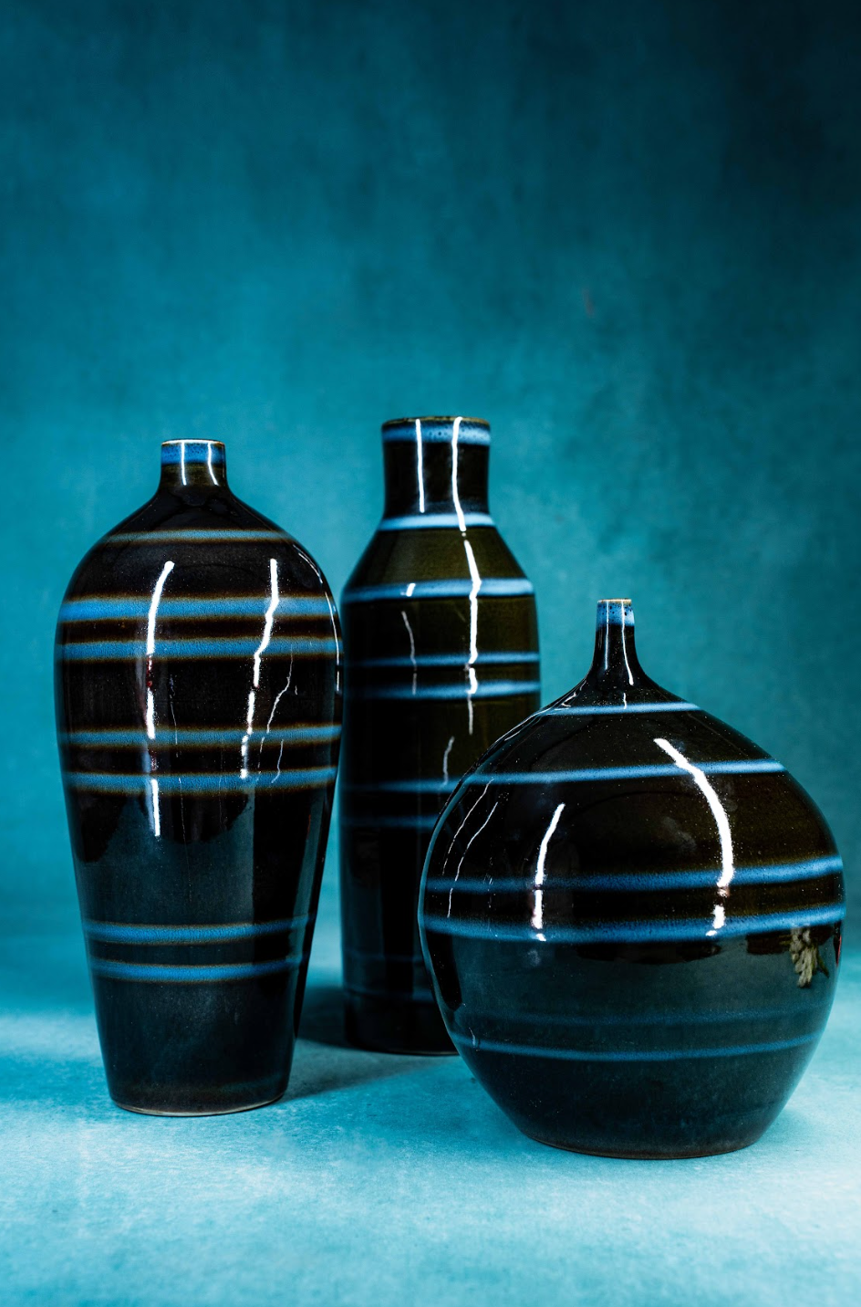 Set of 3 Harris Potteries Chicago Multi-Colored Striped Vases, 1980s