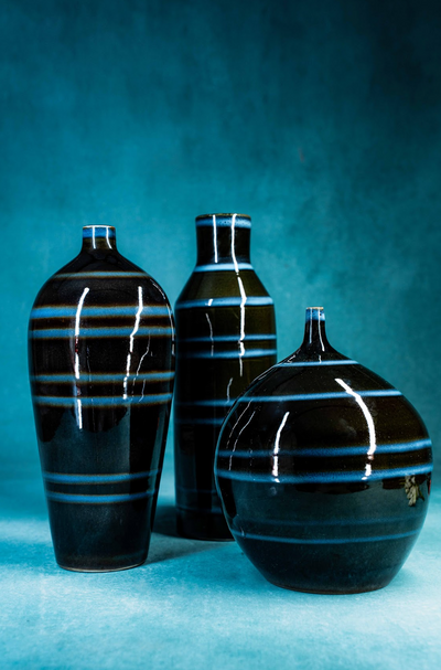 Set of 3 Harris Potteries Chicago Multi-Colored Striped Vases, 1980s