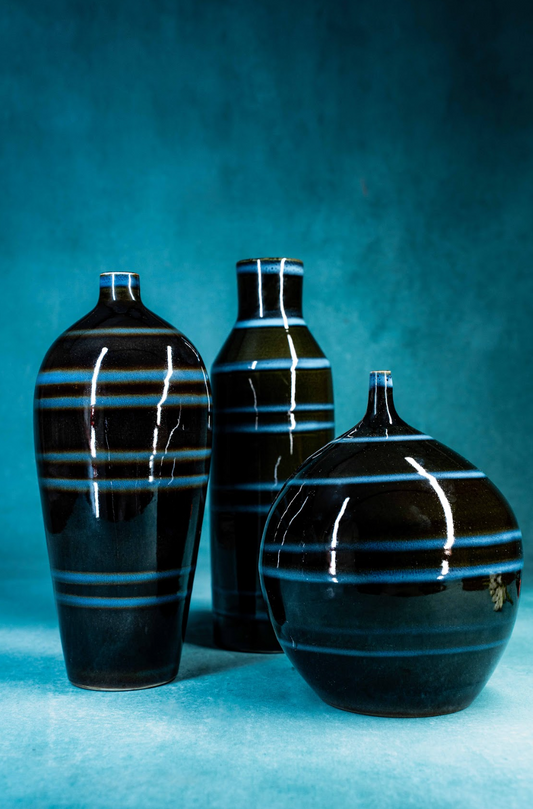 Set of 3 Harris Potteries Chicago Multi-Colored Striped Vases, 1980s