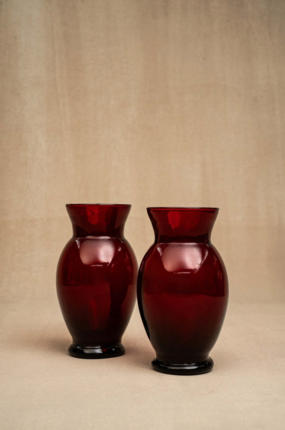 Set of Two Vintage 1950s Anchor Hocking Ruby Red Glass Flower Vases