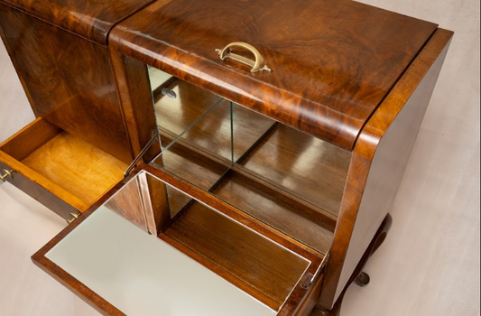 Bar & Cocktail Cabinet in Burl Wood with Lighting and Mirrored Interiors